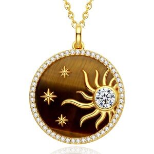 Celestial Sun & Stars Necklace | 925 Sterling Silver | Tiger Eye | Diamonds